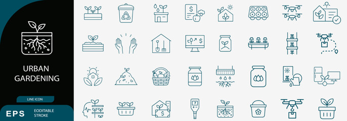 Urban gardening icon set. Editable vector illustration of 40 line-style symbols for plant care, hydroponics, composting, and community farming. EPS sustainability concept pack