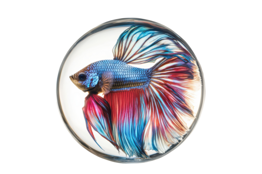 Colorful betta fish swimming in round fishbowl

