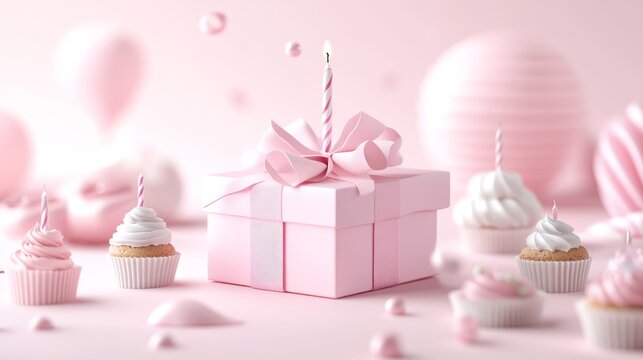 18.A joyful, pastel-toned image of a pink gift box open to reveal various birthday party items like cupcakes, streamers, and candles. The pink objects are placed around the box, enhancing the