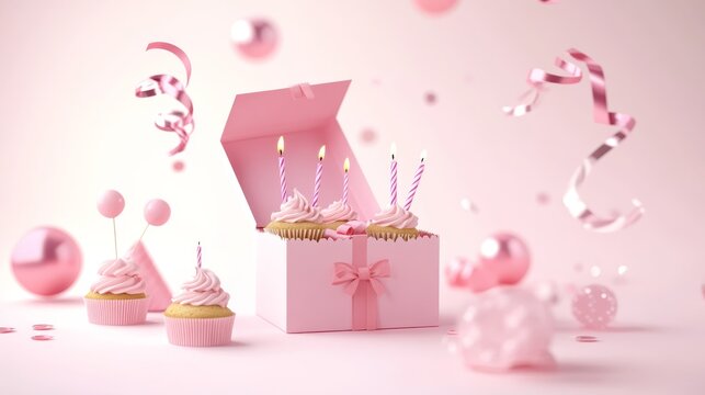 18.A joyful, pastel-toned image of a pink gift box open to reveal various birthday party items like cupcakes, streamers, and candles. The pink objects are placed around the box, enhancing the