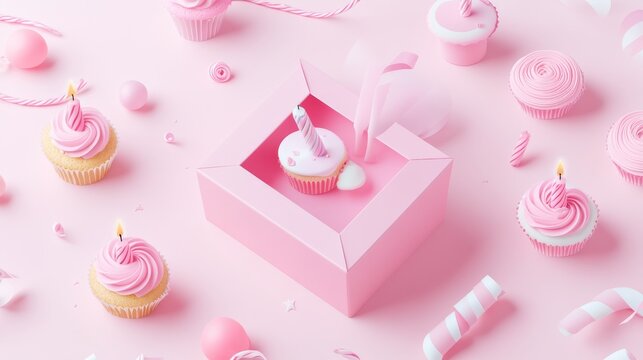18.A joyful, pastel-toned image of a pink gift box open to reveal various birthday party items like cupcakes, streamers, and candles. The pink objects are placed around the box, enhancing the