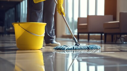 Professional cleaning service worker meticulously mopping a shiny, polished floor with a yellow bucket nearby