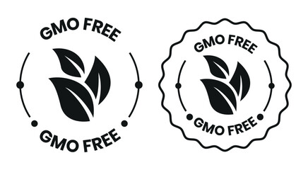 GMO free icon set. Non GMO label. No added or artificial chemicals logo, label, badge, sticker, symbol, emblem, stamp, line, vector, isolated illustration. GMO free label for product packaging design.