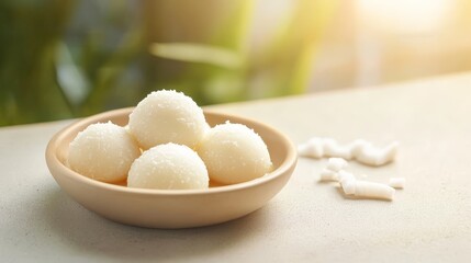 Fototapeta premium 59.A close-up shot of coconut ladoos on a simple ceramic plate, the sweets glistening with condensed milk, surrounded by a few scattered coconut shavings, against a textured concrete background for