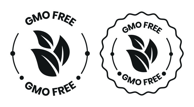 GMO free icon set. Non GMO label. No added or artificial chemicals logo, label, badge, sticker, symbol, emblem, stamp, line, vector, isolated illustration. GMO free label for product packaging design.