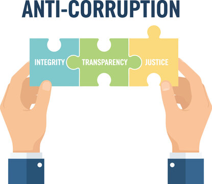 Anti-corruption concept: hands holding puzzle pieces with integrity, transparency, justice.
