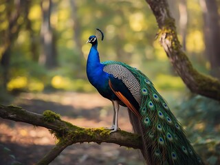 Obraz premium Majestic peacock perched on a mossy branch in a sunlit forest
