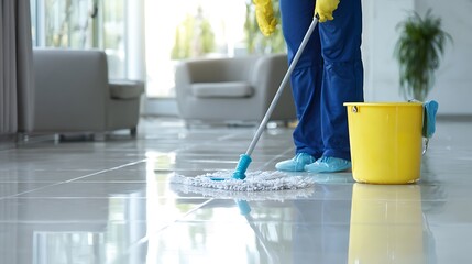 Professional cleaning service worker with a mop and bucket diligently washing a shiny marble floor in a modern building lobby