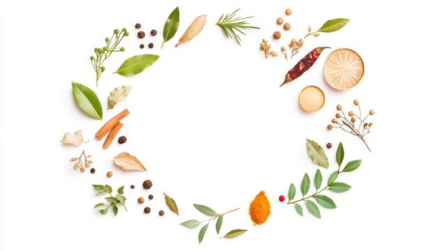 94.A visually captivating circular frame made up of an array of colorful Indian spices and herbs like turmeric, cumin, coriander, bay leaves, and dried chilies, with the white background providing a