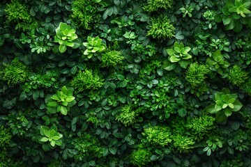 Obraz premium Lush green foliage wall texture with tropical plants and natural leaves background, generative ai