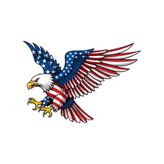 Dynamic American bald eagle illustration, patriotic flag design, powerful symbol of freedom and strength