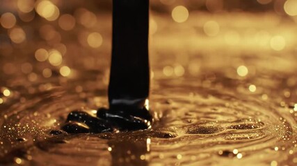 Thick dark liquid possibly crude oil or chocolate pours and swirls into a rich goldenbrown shimmering fluid creating mesmerizing ripples and a luxurious viscous texture with bokeh lights in the backg. - Powered by Adobe