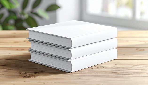 A neat stack of three hardcover books with blank white covers resting on a wooden table, perfect for design mockups