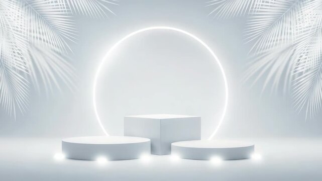 White podiums with neon circle and palm leaves in a minimalist style