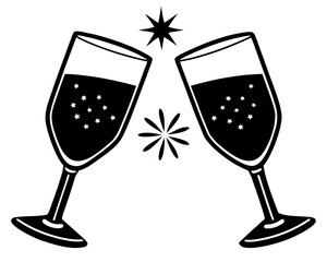 Clinking glasses toast, festive celebration, silhouette  vector illustration, isolated on white background