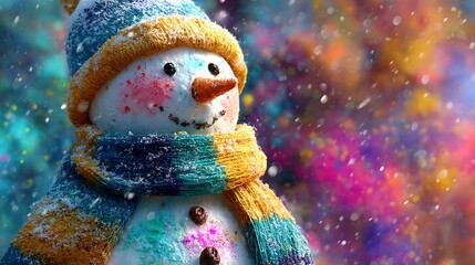 Charming Snowman in Winter Scene with Colorful Background and Snowfall