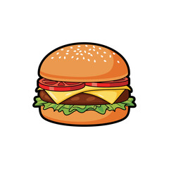 Delicious classic hamburger vector illustration, juicy beef patty, fresh lettuce, cheese, and tomato slices