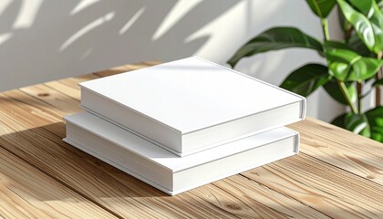 Blank white books stacked on a wooden table with sunlight and shadows casting on them, suggesting a space for creativity and new beginnings