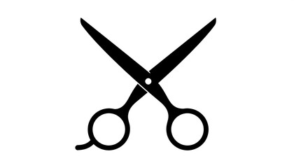 Black scissors, open in crossed position, on a white background, simple graphic
