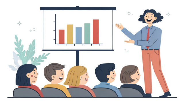 Corporate presenter giving a business presentation with a bar graph to an engaged audience isolated on transparent background