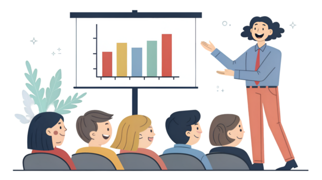 Corporate presenter giving a business presentation with a bar graph to an engaged audience isolated on transparent background