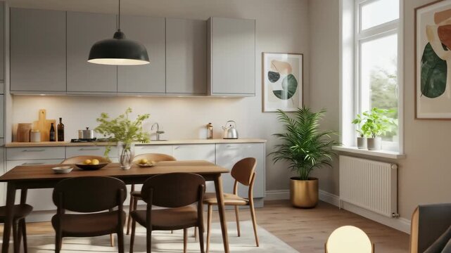 Modern kitchen with a cozy dining setup and natural lighting.