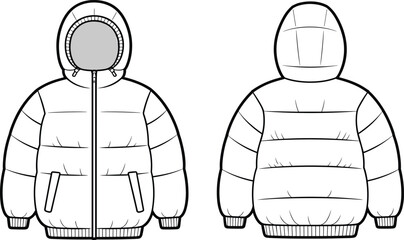 Cad drawing flat vector illustration, puffer jacket technical sketch, winter outerwear fashion design, hooded coat template, quilted jacket pattern