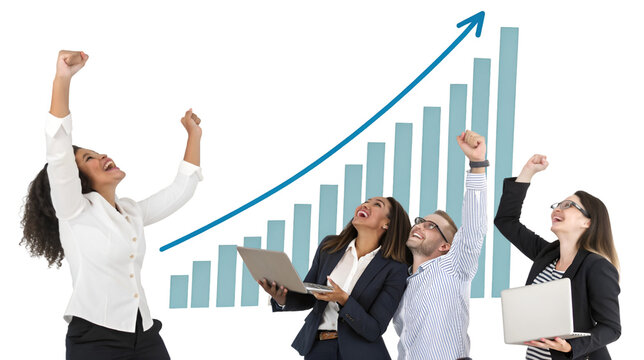 Diverse group of business professionals celebrating success and market growth in front of an upward trending bar graph isolated on transparent background