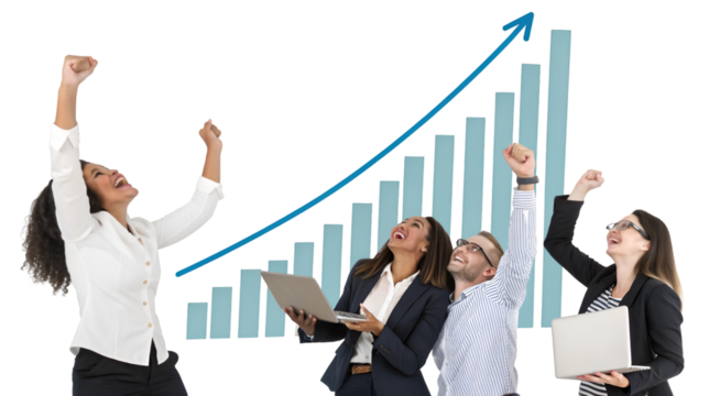 Diverse group of business professionals celebrating success and market growth in front of an upward trending bar graph isolated on transparent background