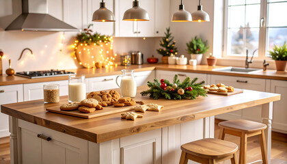 Festive Christmas cookies and milk on a kitchen island, holiday celebration