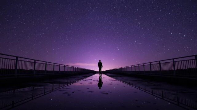 Silent observer walks across the bridge, tranquil evening as lone is going at sparkling water under starry sky, quiet night scene where solitary individual observes luminous water beneath moonlight