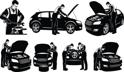 Car mechanic repairing engine, automotive service illustration, vehicle maintenance concept, black and white silhouette, garage, workshop repair work