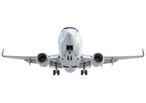 White airplane facing camera, dark background