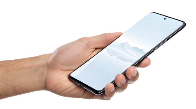 Man holding a frameless modern smartphone device horizontally, ready for screen content replacement isolated on transparent background.