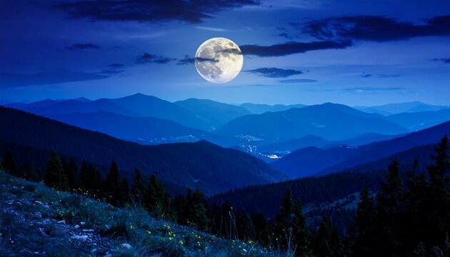 A serene night scene features a full moon shining above layered, blue mountain ranges, trees in the foreground