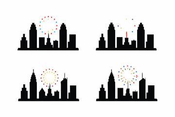 set of City skyline with midnight fireworks, silhouette  vector illustration isolated on white background