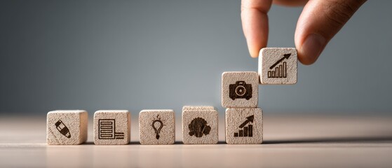 Wooden blocks with icons arranged in a stack, representing growth and development. A hand places a block on top