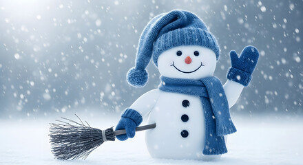 Cheerful snowman wearing blue scarf and hat waving hello while holding a broom