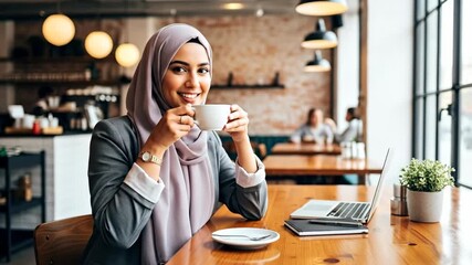 A smiling woman in a hijab enjoys coffee at a modern cafe.