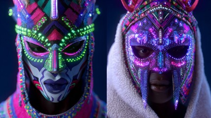 Fusion of african tribal patterns and cyberpunk neon aesthetics