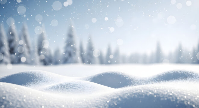 Enchanting winter forest landscape with snowfall and soft sunlight breaking through trees