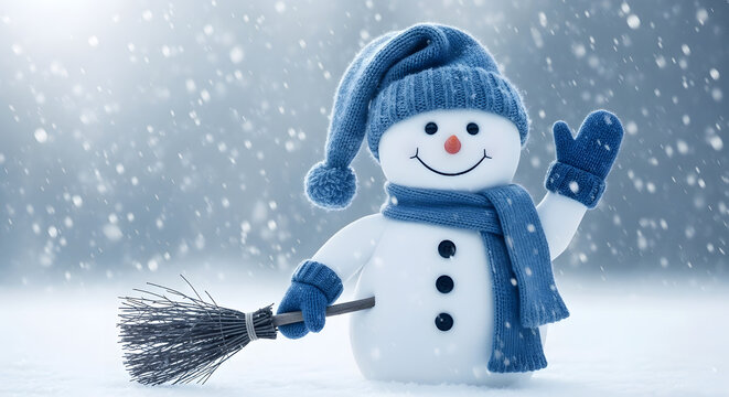 Cheerful snowman wearing blue scarf and hat waving hello while holding a broom