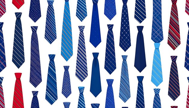 A pattern of colorful men's ties in various blue and red designs set against a plain white background