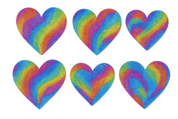 Rainbow colored heart shapes set with crayon texture, illustrating love, diversity, and pride on a transparent background