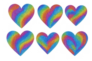 Rainbow colored heart shapes set with crayon texture, illustrating love, diversity, and pride on a transparent background