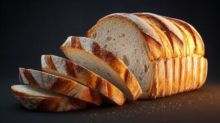 Artisan sourdough bread loaf, freshly baked with a goldenbrown crust, sliced to reveal a soft, airy crumb, perfect for sandwiches and toast