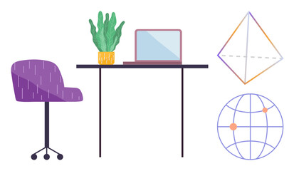 Workspace setup with laptop, minimalist desk, purple chair, potted plant, geometric prism, and globe. Ideal for productivity, education, creativity design geometry learning modern lifestyle