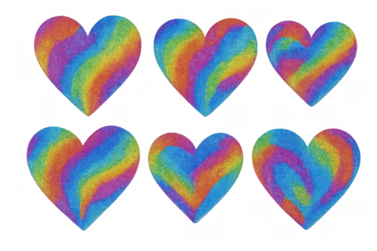Rainbow colored heart shapes set with crayon texture, illustrating love, diversity, and pride on a transparent background