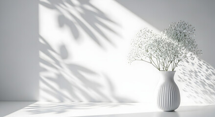 Soft sunlight and shadow play on a white vase with delicate flowers indoors