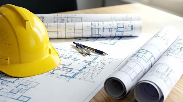 Construction plans and tools on a workspace with a yellow hard hat.
